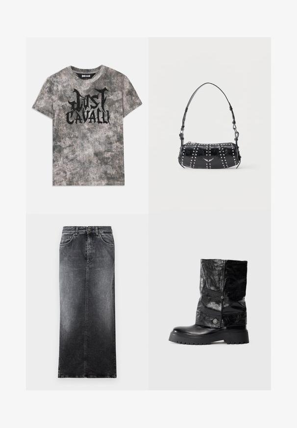 Halluxisükkel halli lühikeste varrukatega T-särk, millel on tekstuuriga viimistlus ja ees must graafiline "Just Cavalli" logo. Ümmargune kaelus.; Must mustrikk mustar, millel on sirge lõige, viis vöökoharihma, kaks esikotti ja fadeeritud tekstuur.; Mustad mustad nahast pahkluu saapad läikiva pinnaga, millel on volditud disain, nööbiga detailid ja torke alus.; Mustast lakknahast õlakott, millel on hõbedased naelad vertikaalsetes ridades ja väike hõbedane linnuembleem esiküljel keskel.