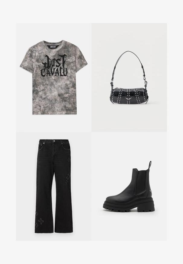 Grå kortærmet t-shirt med en tekstureret overflade og et sort "Just Cavalli" logo på forsiden. Rund halsudskæring.; Sorte denimjeans med vid pasform, prydet med broderede krydsmønstre i en lysere nuance. Fem-lomme design og knaplukning.; Sorte chelsea støvler lavet af glat læder med elastiske sidepaneler, en tyk, rillede gummisål og en pull-tab bagpå.; Sort skuldertaske i laklæder med sølvnitter i lodrette rækker og et lille sølvfugleemblem midt på fronten.