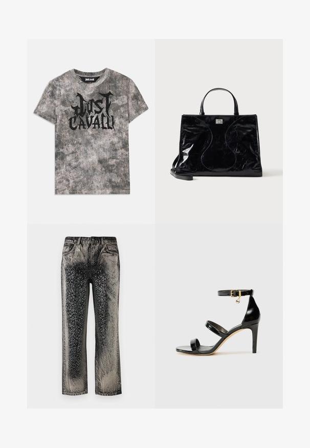 Camiseta gris de manga corta con un acabado texturizado y un gráfico negro del logo "Just Cavalli" en la parte delantera. Cuello redondo.; Jeans de mezclilla en negro y gris con un patrón de desvanecimiento en degradado salpicado y un diseño geométrico sutil en la parte delantera y los lados.; Sandalia de charol negro con tres correas, hebilla en el tobillo y tacón de aguja de 10 cm. Presenta detalles de hardware en oro y un charm con el logo.; Bolso de mano de piel negra brillante con asas cortas, bandolera desmontable y detalles sutiles de costuras curvas en la parte delantera.