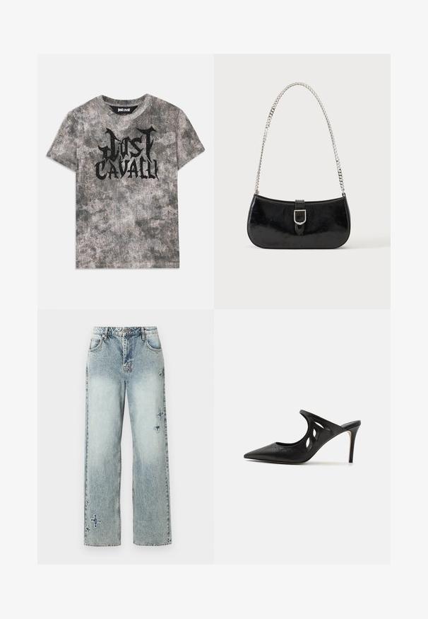 Halluxisükkel halli lühikeste varrukatega T-särk, millel on tekstuuriga viimistlus ja ees must graafiline "Just Cavalli" logo. Ümmargune kaelus.; Heledsinised teksad sirge lõikega, millel on nähtavad õmblused ja dekoratiivsed ristmustrid ees.; Mustad nahast kõrge kontsaga mulesed, millel on terav varvas, lõikega küljekujundus ja sile tekstuur. Stiletto konts ja peen õmbluse detail.; Mustast lakknahast õlakott, millel on hõbedane pandla detail ja hõbedane kettrihm, kuvatud ühevärvse hele tausta ees.