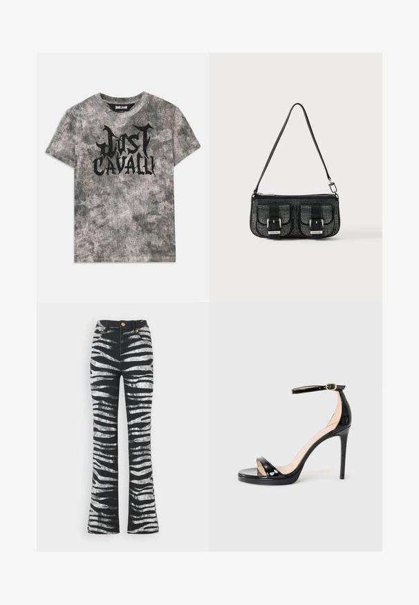Sivý krátky rukáv tričko s textúrovaným povrchom a čiernou grafikou loga "Just Cavalli" na prednej strane. Okrúhly výstrih.; Roberto Cavalli Zvonové džínsy - nero/bianco; Čierne lakované kožené sandále na vysokom podpätku s remienkom okolo členku a zlatou sponou, otvorenou špičkou a štíhlým ihlovým podpätkom na jednofarebnom pozadí.; Čierna štruktúrovaná kabelka s perforovaným dizajnom, ktorá má dve predné vrecká so sponami, strieborné kovanie a odnímateľný popruh.