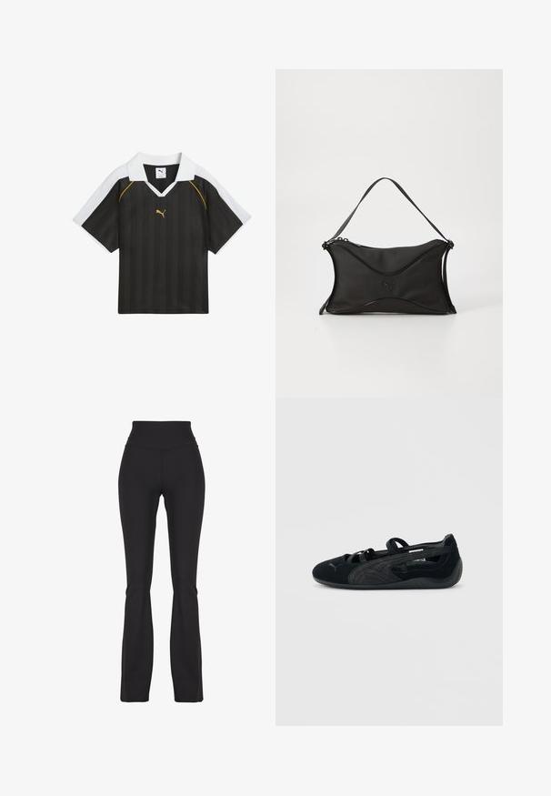 Sort stribet trøje med en hvid og gul krave, korte ærmer og et lille guld Puma-logo på fronten. Fremstillet af letvægtsstof.; Sorte flared leggings lavet af strækbart stof, med en høj talje og glat tekstur, designet til komfort og bevægelighed.; Sort mokka-balletsko med krydsede stropper, tekstureret sidetalje og en lav gummisål.; Sort håndtaske lavet af et blødt, struktureret materiale. Har et bølget design, en enkelt skulderrem og en subtil logo-detalje på fronten.