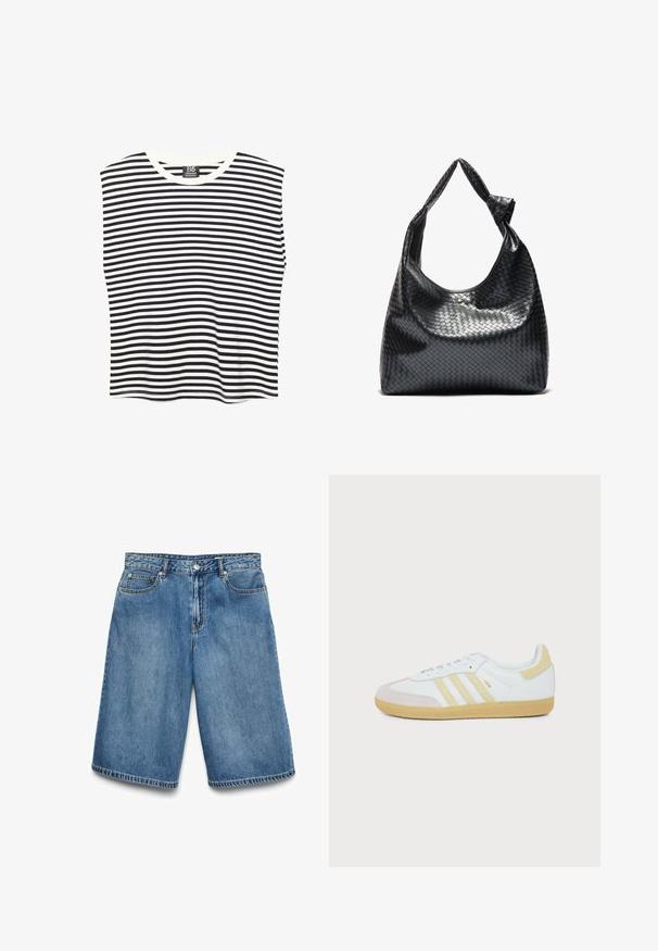 Haut sans manches à rayures horizontales noires et blanches avec encolure ronde, posé à plat sur un fond blanc.; Short en denim bleu de longueur moyenne avec bouton à l'avant, fermeture éclair, passants pour ceinture et design à cinq poches, étalé à plat sur fond blanc.; Baskets blanches Adidas Samba avec des accents en daim beige, trois bandes texturées et une semelle en gomme, vues de côté sur fond blanc.; Sac à main en cuir tissé noir au design décontracté, avec une sangle nouée et une petite clou doré décoratif en haut.