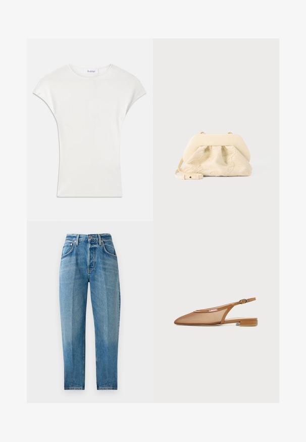 Witte shirt met korte mouwen, gemaakt van zachte, geribbelde stof. Crew halslijn; losse pasvorm met lichte kapmouwen. Merkenlabel zichtbaar bij de halslijn.; Lichtblauwe denim jeans, rechte pasvorm, vijf zakken, vervaagde wassing, ritssluiting met knoopsluiting en zichtbaar stiksel.; Bruine slingback platte schoen met puntige neus, dunne band met gesp en lage blokhak op witte achtergrond.; Crèmekleurige stoffen handtas met bloemrijke borduursels, zachte afgeronde bovenkant en verstelbare band, plat gelegd op een lichtgrijze achtergrond.