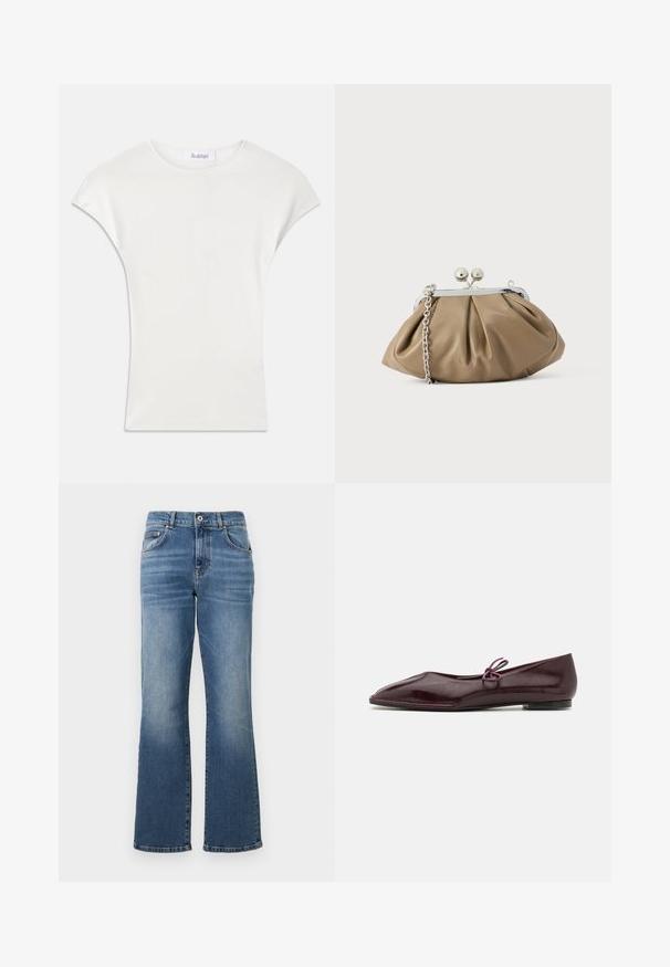 Chemise blanche à manches courtes en tissu côtelé doux. Encolure ras du cou ; coupe décontractée avec des manches légèrement bouffantes. Étiquette de la marque visible au niveau de l'encolure.; Jeans en denim bleu avec une coupe droite, taille mi-haute, design à cinq poches et décoloration subtile le long des jambes.; Ballerines en cuir verni bordeaux avec un bout pointu et un nœud décoratif violet sur le cou-de-pied ; design à semelle plate.; Pochette en cuir beige clair à la forme arrondie, texture plissée, fermeture à verrou argentée et bandoulière chaîne amovible.