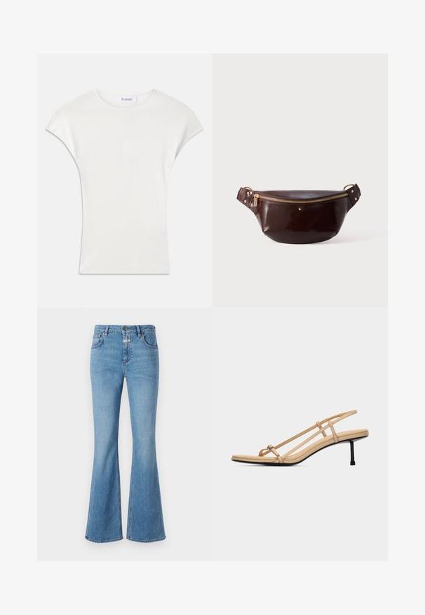 Weißes Kurzarmhemd aus weichem, geripptem Stoff. Runder Ausschnitt; lockere Passform mit leichten Cap-Ärmeln. Markenetikett am Ausschnitt sichtbar.; CLOSED JOVANNA - Jeans Bootcut - light blue; Beige Sandale mit dünner Zehenschlaufe, zwei Seitenriemen, Fersenschlaufe, gepolstertem Fußbett und schlankem, schwarzem, mittelhohem Absatz.; Dunkelbraune, glänzende Leder Hüfttasche mit goldenen Reißverschluss und Beschlägen, minimalistisches Design, auf einem schlichten weißen Hintergrund liegend.