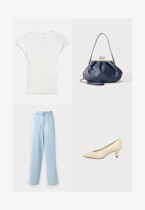 Chemise blanche à manches courtes en tissu côtelé doux. Encolure ras du cou ; coupe décontractée avec des manches légèrement bouffantes. Étiquette de la marque visible au niveau de l'encolure.; Jean large bleu clair à taille haute, comportant deux poches avant, une fermeture éclair et un bouton. Fabriqué en tissu en denim.; Chaussure femme couleur crème à bout pointu avec un petit talon rond en forme de boule, sur fond uni.; Sac à main en cuir bleu marine doux avec fermeture à boucle argentée, une seule bandoulière, et une chaîne de poignet amovible sur fond blanc.
