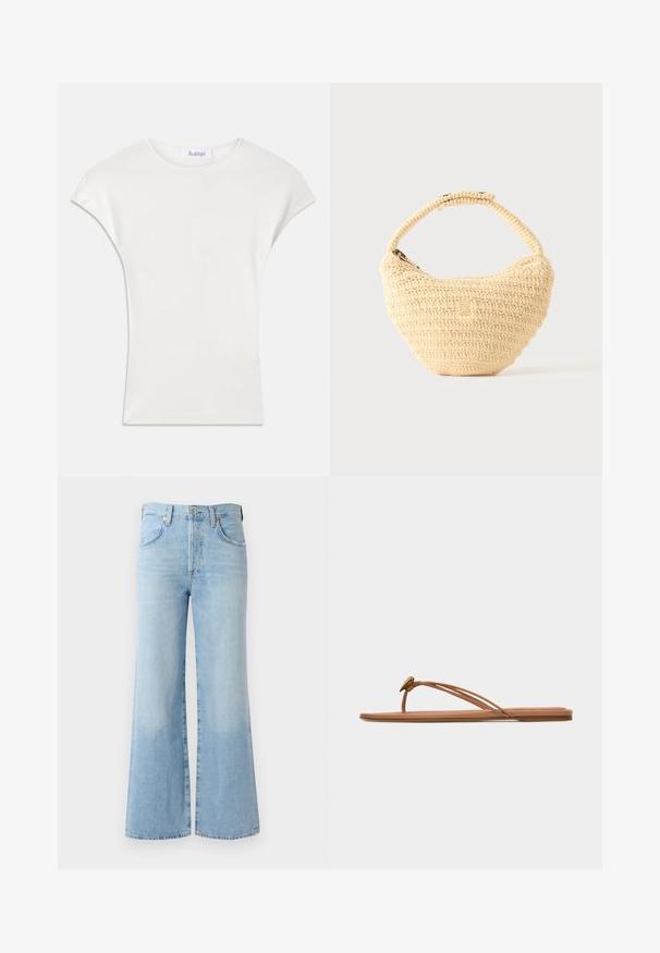 Witte shirt met korte mouwen, gemaakt van zachte, geribbelde stof. Crew halslijn; losse pasvorm met lichte kapmouwen. Merkenlabel zichtbaar bij de halslijn.; Lichtblauwe flared jeans van denim met een hoge taille, vijf zakken en subtiele vervaging bij de zoom. Voorzien van een standaard tailleband en knoopsluiting.; Beige platte sandaal met dunne dubbele teen- en zijklittenbandjes en een klein metalen sierstukje vlak bij de teenpost.; Beige geweven handtas met afgerond lichaam, ritssluiting en een korte, dikke band in een eenvoudige, gestructureerde haakstijl.