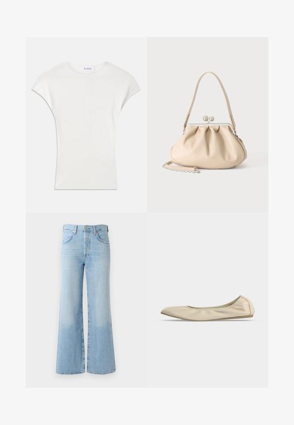 Witte shirt met korte mouwen, gemaakt van zachte, geribbelde stof. Crew halslijn; losse pasvorm met lichte kapmouwen. Merkenlabel zichtbaar bij de halslijn.; Lichtblauwe flared jeans van denim met een hoge taille, vijf zakken en subtiele vervaging bij de zoom. Voorzien van een standaard tailleband en knoopsluiting.; Beige zachte leren ballerina met afgeronde neus, laag uitgesneden zijprofiel en slanke rubberen zool op een effen witte achtergrond.; Beige zachte leren handtas met een zilveren metalen frame sluiting, een enkele schouderriem en een optionele kettingriem op een witte achtergrond.