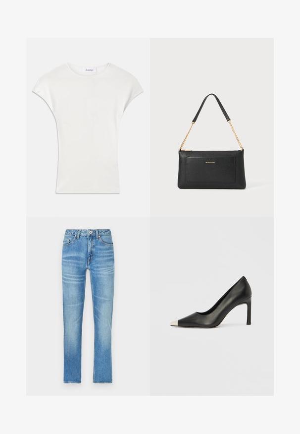 Camisa blanca de manga corta hecha de una suave tela de canalé. Cuello redondo; corte holgado con ligeras mangas tipo capucha. Etiqueta de la marca visible en el cuello.; Jeans de denim azul claro con corte recto, que cuentan con bolsillos frontales, cierre de botón y un ligero desgaste en la tela.; Zapato de tacón alto de cuero negro con punta en forma de pico y una tapa metálica plateada. Presenta un acabado suave y un tacón delgado de 10 cm.; Clutch de cuero negro con textura de guijarro, correa de cadena dorada y un bolsillo frontal. Presenta un logo dorado en la parte delantera.