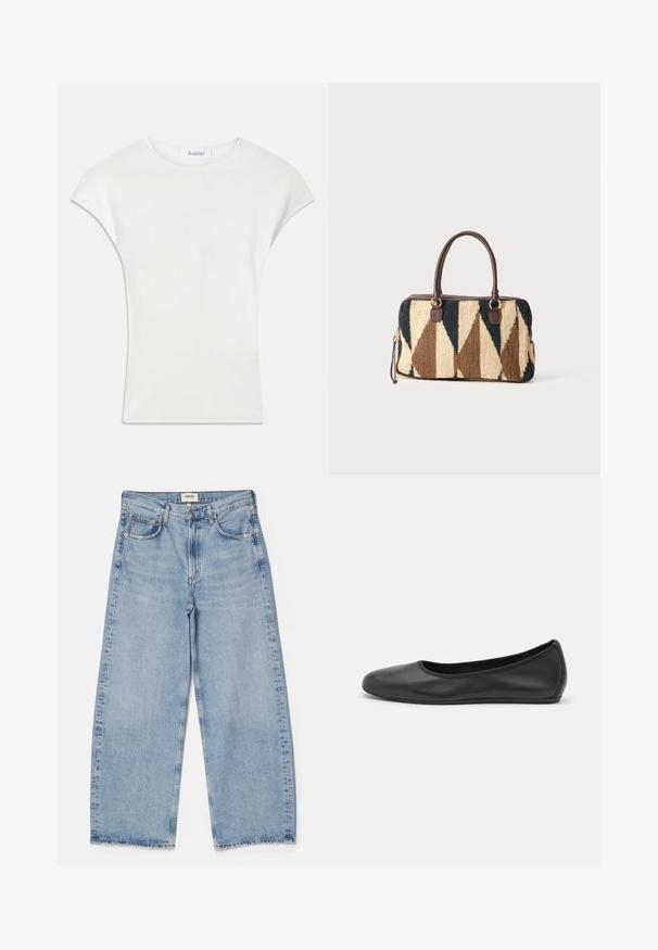 Hvid kortærmet skjorte lavet af blød, ribbet stof. Rund hals; afslappet pasform med lette cap-ærmer. Mærkeetikette synlig ved halsudskæringen.; Agolde Baggy jeans - light-blue denim; Sort læderballetsko med rund tå, glat tekstur, minimal syning og et fleksibelt såldesign.; Rektangulær taske med brune læderhåndtag, geometrisk strikmønster i beige, mørkebrun og sort samt lynlåslukning på hvid baggrund.
