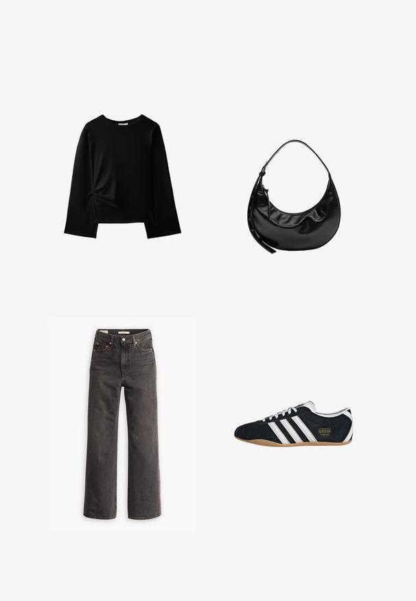 Chemise noire à manches longues avec un col rond et un détail subtile froncé près de la taille gauche, présentée sur fond blanc.; Jeans taille haute et coupe large en denim gris foncé, avec des poches avant, des rivets en cuivre contrastants et une finition épurée sans embellissements.; Sneakers en suede noir avec trois bandes blanches, logo doré et semelle en caoutchouc marron. Présente un design à lacets à profil bas.; Sac à main en cuir noir en forme de croissant avec une courte bandoulière et une fermeture éclair avec une languette en cuir latérale.