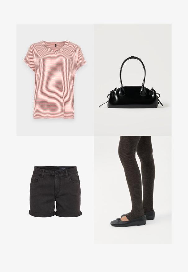 Rød- og hvidstribet kortærmet V-hals t-shirt med en afslappet pasform og blødt materiale. Striberne er jævnt fordelt i designet.; Sorte denim shorts med oprullede kant, med fem-lomme design og knaplukning i taljen. Glat tekstur, afslappet pasform.; Ben iført mørke ribbede leggings kombineret med sorte balletsko med små sløjfedetaljer på hvid baggrund.; Lille sort blank håndtaske med to lange håndtag og snøre-detaljer i siden på en ensfarvet lys baggrund.