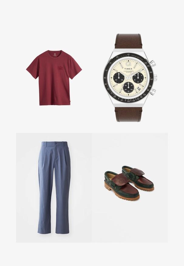 T-shirt en coton bordeaux à manches courtes, col rond et logo texte bordeaux foncé subtil sur la poitrine gauche.; Pantalon bleu marine avec plis, coupe droite, en tissu léger, avec une fermeture à un bouton à l'avant et des passants de ceinture.; Chaussures en cuir avec un corps vert foncé, un dessus bordeaux, un bout rond, un rabat sécurisé et une semelle en caoutchouc texturée avec des rainures.; Montre chronographe Timex avec un cadran crème, des sous-cadrans noirs, une lunette tachymétrique et un bracelet en cuir marron. Boîtier argenté et index des heures.