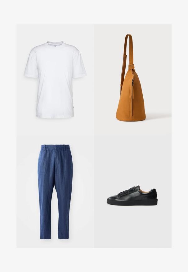 Camiseta de algodón blanca con cuello redondo, mangas cortas y dobladillo recto. Cuenta con una pequeña etiqueta de la marca en la costura lateral izquierda.; Pantalones de lino azul marino con un corte relajado, cinturilla elástica y piernas ajustadas. Presentan una textura suave y detalles de costura mínimos.; Zapatilla negra de cuero con una textura suave, puntera redonda y cierre de cordones. Presenta una suela de goma gruesa y un detalle de marca mínimo.; Bolso bandolera de piel color canela con correa ajustable y bolsillo vertical con cremallera, mostrado de lado sobre un fondo claro y liso.