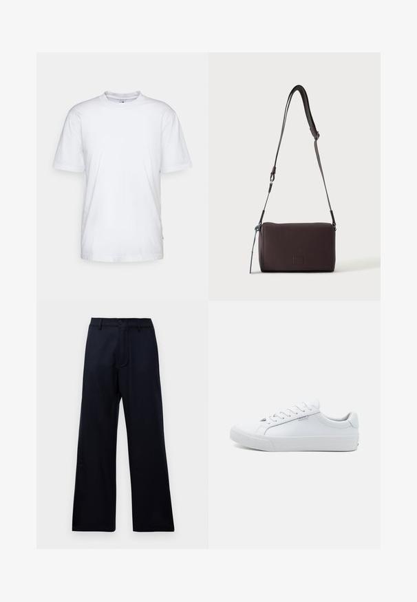 Camiseta de algodón blanca con cuello redondo, mangas cortas y dobladillo recto. Cuenta con una pequeña etiqueta de la marca en la costura lateral izquierda.; Pantalones anchos de cintura alta negros con pasadores de cinturón, botón frontal y cierre de cremallera sobre un fondo blanco liso.; Zapatillas deportivas de cuero blanco con un acabado suave, diseño bajo, punta redonda y suela plana de goma. Con cordones planos y un branding mínimo.; Bolso bandolera de cuero marrón oscuro con textura, correa ajustable y pequeño adorno decorativo azul en el lateral.