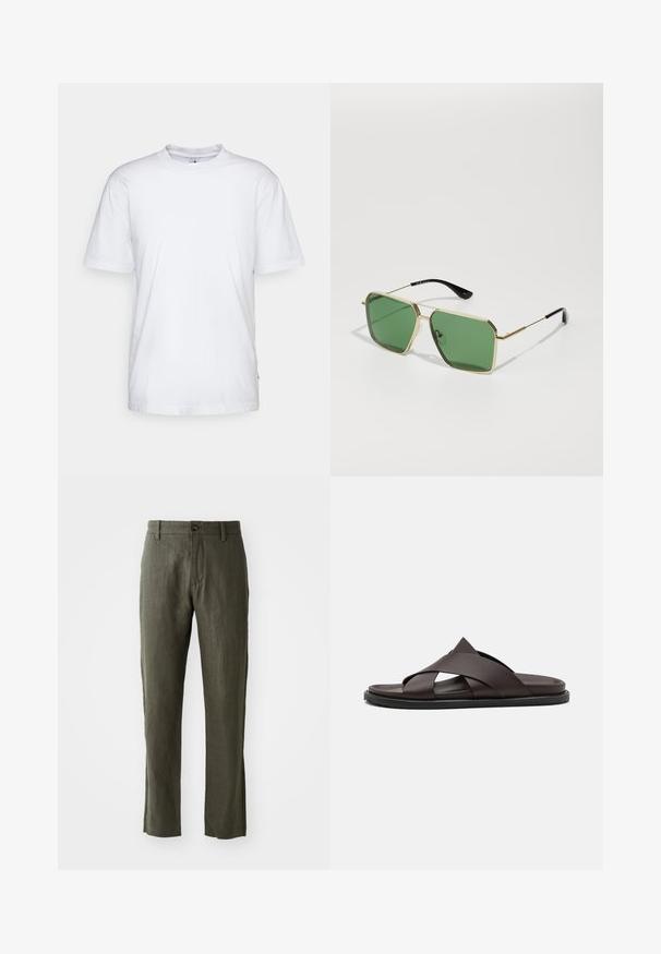 T-shirt en coton blanc avec un col rond, des manches courtes et un ourlet droit. Présente une petite étiquette de marque sur la couture latérale gauche.; Pantalons en lin vert olive avec une coupe droite, dotés d'une fermeture à bouton à l'avant et de poches latérales. Le tissu a une apparence texturée.; Stuart Weitzman BERKLEY - Mules - espresso; Lunettes de soleil en métal doré avec des verres verts, de forme géométrique, et des embouts de branches en plastique noir. Construction légère avec des accents subtils.