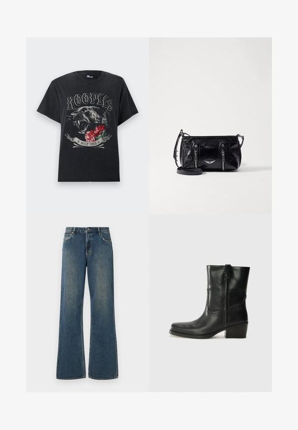 Sort T-shirt med teksten "KOOPLES", illustration af en brølende panter, røde blomster og et banner med teksten "WILD TOUR" foran.; Bredde ben denim jeans i mellemblå med en falmet finish. Har fem lommer, bæltestropper og en metalknaplukning. Så lavet af bomuldsstof.; Sort læder ankelstøvle med rundt tå, blokhæl, lynlås i siden og stikninger på vampsiden. Glat tekstur, klassisk design.; Sort faux læder crossbody taske med lynlåslommer, et dekorativt sølv emblem og en justerbar rem. Glossy tekstur og kompakt form.