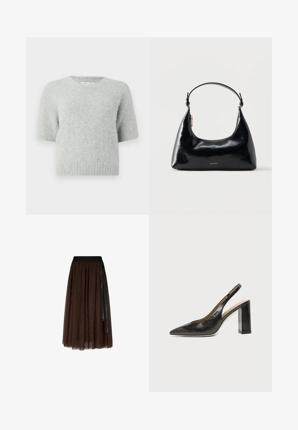pull léger gris clair à manches courtes, fabriqué en matière douce et duveteuse, avec un col rond et un ourlet côtelé. Design minimaliste sans motifs ni accents.; Jupe en tulle midi de couleur marron avec une taille élastique noire et un long ruban noir pendent sur un côté.; Chaussure slingback en cuir noir à bout pointu avec un talon bloc haut et une doublure intérieure beige sur un fond clair uni.; Sac à main Calvin Klein noir brillant avec fermeture éclair dorée et anse courte sur fond blanc uni.