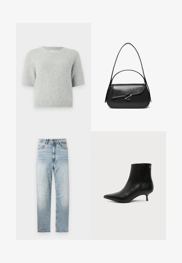 Hellgrau, kurzärmliger Pullover aus weichem, samtigem Material mit rundem Halsausschnitt und geripptem Saum. Minimalistisches Design ohne Muster oder Akzente.; Hellblaue Jeans aus Denim mit geradem Bein, ausgestattet mit einem Knopf- und Reißverschluss, Fünf-Taschen-Design und dezentem Ausbleichen.; Schwarzer Leder-Knöchel-Stiefel mit spitzer Spitze und niedrigem Kittenabsatz vor hellem Hintergrund, seitliche Ansicht.; Schwarze Lederschultertasche mit einer geschwungenen Klappe, die durch einen runden Metallverschluss gesichert ist, und einem schlanken, verstellbaren Riemen.