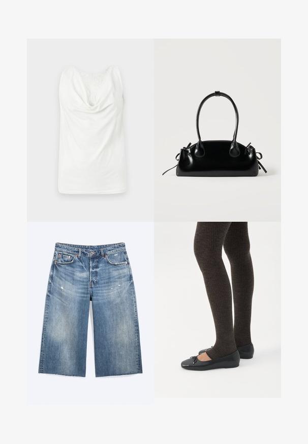 Blouse blanche sans manches avec col bénitier et panneau en dentelle sur le haut de la poitrine, présentée à plat sur un fond clair.; Short en denim bleu longueur genou avec légère usure, poches avant, passants de ceinture et fermeture par bouton.; Jambes portant des leggings côtelés foncés associés à des ballerines noires avec de petits détails en nœud sur fond blanc.; Petit sac à main noir brillant avec deux longues anses et des détails à cordon sur les côtés sur un fond clair uni.