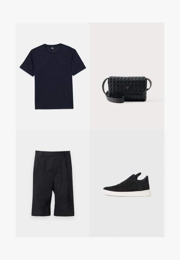 Camiseta de algodón azul marino con mangas cortas, cuello redondo y detalles de costura mínimos. Diseño simple sin patrones o acentos visibles.; Pantalones cortos negros a la rodilla, entallados, con trabillas para cinturón y pinzas delanteras, extendidos sobre un fondo gris claro.; Zapatilla de ante negra con suela de goma blanca, que presenta costuras en el mismo tono y un diseño de cordones. Textura suave con una forma moderna y aerodinámica.; Bolso bandolera negro con textura, cierre de solapa y un pequeño logo metálico en el frente, mostrado sobre un fondo liso.