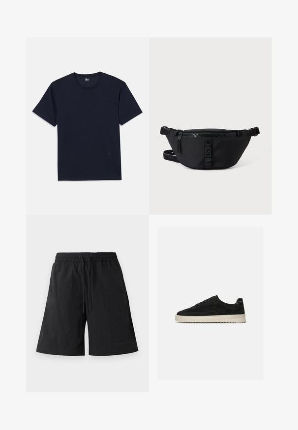 Navyblauwe katoenen t-shirt met korte mouwen, ronde hals en minimale stiksels. Eenvoudig ontwerp zonder zichtbare patronen of accenten.; Zwarte shorts van lichtgewicht stof met een gestructureerd oppervlak, voorzien van een elastische tailleband en trektouwtjes voor een verstelbare pasvorm.; Zwarte suède lage sneaker met zwarte veters en witte rubberen zool, zijaanzicht op een effen lichtgrijze achtergrond.; Zwarte Moschino heuptas met rits aan de voorkant en verstelbare band op een egale lichte achtergrond.