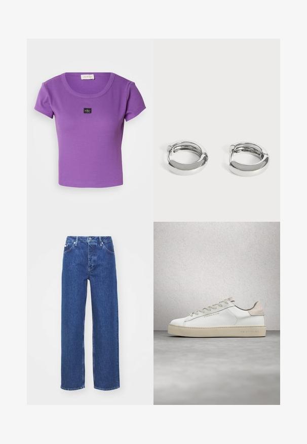 Lilla ribbet kortærmet t-shirt med rund halsudskæring og et lille sort Calvin Klein-logo på brystet. Blød tekstur.; Blå denim bred-benede jeans med høj talje, med lynlås og knaplukning, bæltestropper og subtilt falmet detaljer på stoffet.; Hvide lædersneakers med en glat overflade, beige ruskindsdetaljer, rund tå, flad snørebåndsdesign og en struktureret gummisål.; Par små, skinnende sølv hoops med glatte, afrundede overflader på en ensfarvet hvid baggrund.
