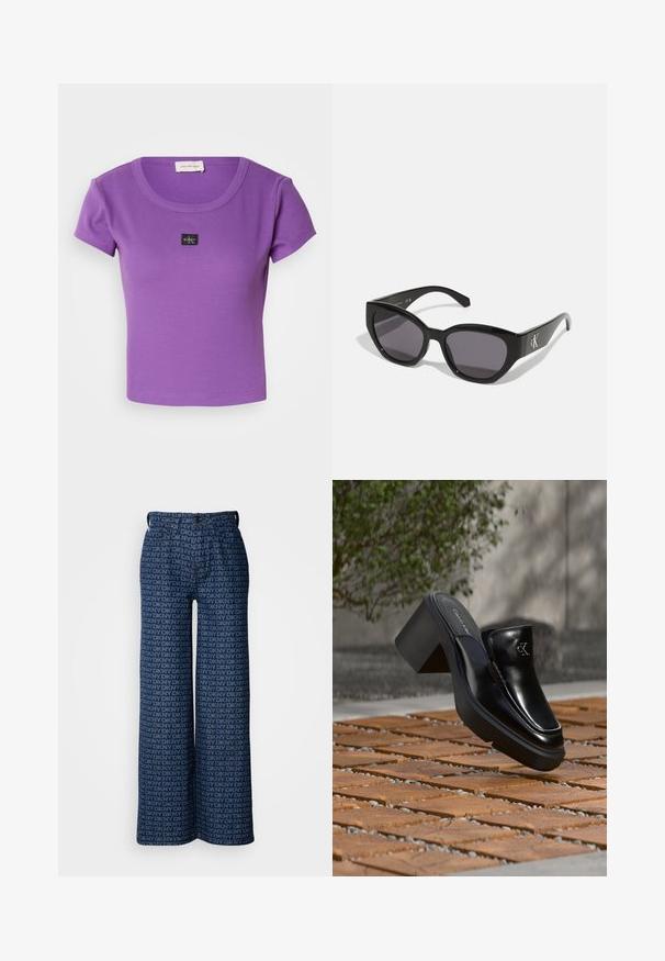 T-shirt violet à manches courtes avec un col rond et un petit logo Calvin Klein noir sur la poitrine. Texture douce.; Pantalons en denim à jambes larges arborant un motif répété du logo DKNY en bleu marine et bleu clair, avec des poches avant et une fermeture à bouton.; Mule slip-on en cuir noir Calvin Klein avec talon bloc reposant sur des carreaux en bois à l'extérieur près d'une plante verte et d'un mur gris.; Lunettes de soleil noires au design lisse et angulaire, avec des verres foncés et un logo en argent contrastant sur le côté. Texture en plastique lisse.