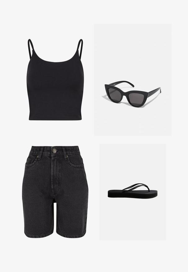 Schwarzes, tailliertes, gekürztes Tanktop mit dünnen Trägern, aus glattem Stoff gefertigt, mit Rundhalsausschnitt und einem schlichten, nahtlosen Design.; Schwarze Denim-Shorts mit hoher Taille, Fünf-Taschen-Design und Metallknopfverschluss. Der Stoff hat eine glatte Textur mit dezentem Verblassen.; Schwarze Gummiflips mit strukturierter Sohle und Y-förmigem Riemen, seitliche Ansicht vor schlichtem hellem Hintergrund.; Schwarze Cat-Eye-Sonnenbrille mit matter Oberfläche, grauen getönten Gläsern, scharfen Kanten und schlanken Bügeln. Der Markenname ist auf dem inneren Bügel sichtbar.