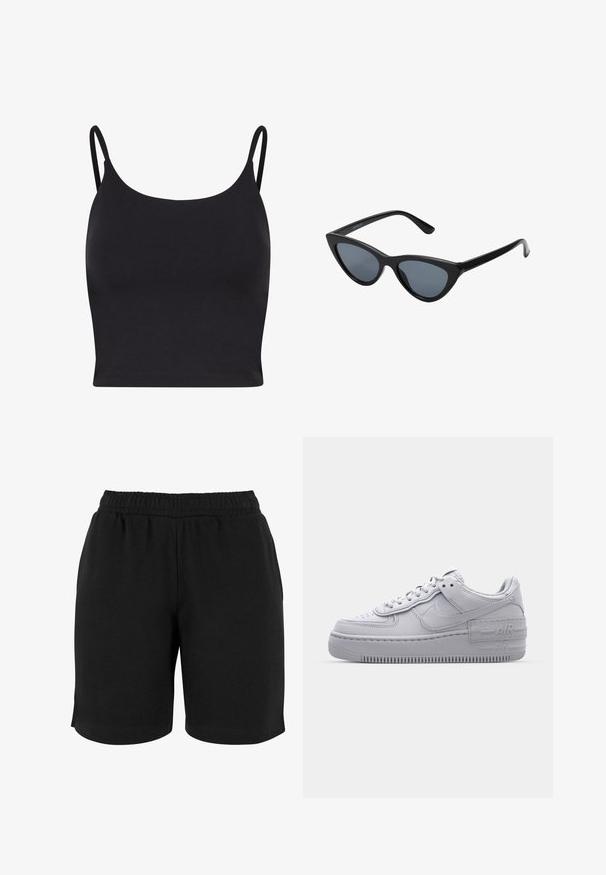 Zwarte fitted cropped tanktop met dunne bandjes, gemaakt van een gladde stof, met een ronde halslijn en een eenvoudig, naadloos ontwerp.; Zwarte katoenen shorts met een elastische tailleband, met een gladde textuur en een eenvoudige snit. Geen zakken of versieringen zichtbaar.; Grijze Nike Air Force 1 sneaker met geperforeerde neus, glad leren bovenwerk, dikke zool en verhoogde 'AIR' details op de hiel.; Zwarte cat-eye zonnebril met donkergrijze lenzen, slank plastic frame, puntige hoeken en rechte pootjes. Geen zichtbare hardware of accenten.