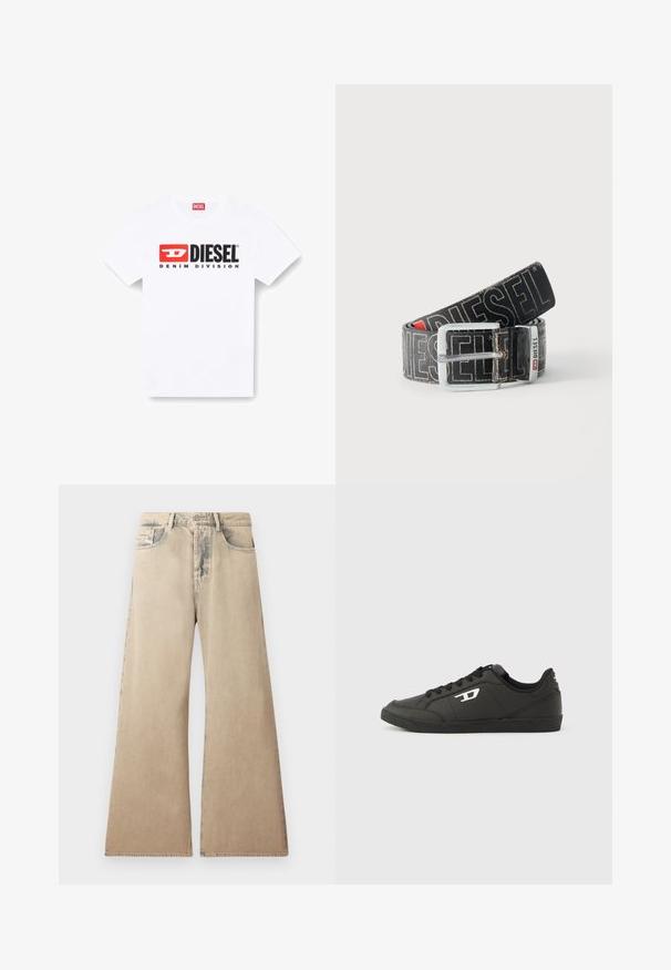 T-shirt en coton blanc avec un col rond, des manches courtes et un logo audacieux "DIESEL DENIM DIVISION" en noir et rouge sur le devant.; Jean large beige avec texture décolorée, design à cinq poches et détails cousus le long des coutures. La taille dispose d'une fermeture à bouton traditionnel.; Baskets synthétiques noires avec une semelle noire texturée, un bout rond et des lacets plats noirs. Logo blanc remarquablement placé sur le côté extérieur.; Ceinture noire Diesel avec grand texte logo blanc, boucle rectangulaire en argent, et détail de boucle métallique brandée, enroulée sur un fond clair.