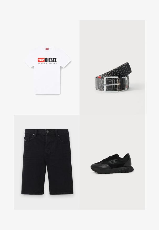 Λευκό βαμβακερό T-shirt με στρογγυλή λαιμόκοψη, κοντά μανίκια και έντονο μαύρο και κόκκινο λογότυπο "DIESEL DENIM DIVISION" μπροστά.; Μαύρες τζιν σορτς με ίσιο κόψιμο, πέντε τσέπες, μεταλλικές λεπτομέρειες και ορατές ραφές. Μαλακή υφή και απλός σχεδιασμός.; Μαύρο sneaker χαμηλού τύπου με υφή στη σόλα, επάνω μέρος από δίχτυ και δέρμα, κορδόνια μπροστά και μικρό ανάγλυφο λογότυπο στο πλευρικό πάνελ.; Μαύρη ζώνη Diesel με μεγάλο λευκό λογότυπο, ορθογώνια ασημένια αγκράφα και μεταλλική λεπτομέρεια με χαρακτηριστικό σήμα, τυλιγμένη σε ανοιχτό φόντο.