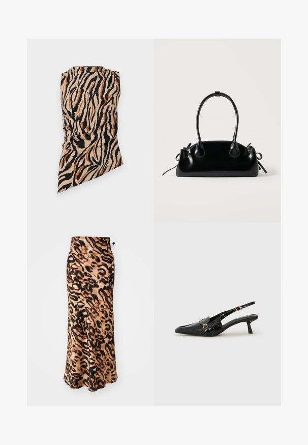 Ärmelloses Top mit asymmetrischem Saum und Tigerstreifenprint in Beige, Schwarz und Braun auf einfarbigem Hintergrund.; Maxikleid mit Leopardenmuster und tailliertem Bund, aus weichem Stoff gefertigt, in Braunstufen und Schwarz, mit einem fließenden A-Linien-Silhouette.; Schwarze Slingback-Pumps aus Lackleder mit spitzer Schuhspitze, Krokodillederstruktur, goldfarbenen Schnallenakzenten und niedrigem Absatz.; Kleine schwarze glänzende Handtasche mit zwei langen Griffen und seitlichen Kordelzug-Details vor einfachem hellem Hintergrund.