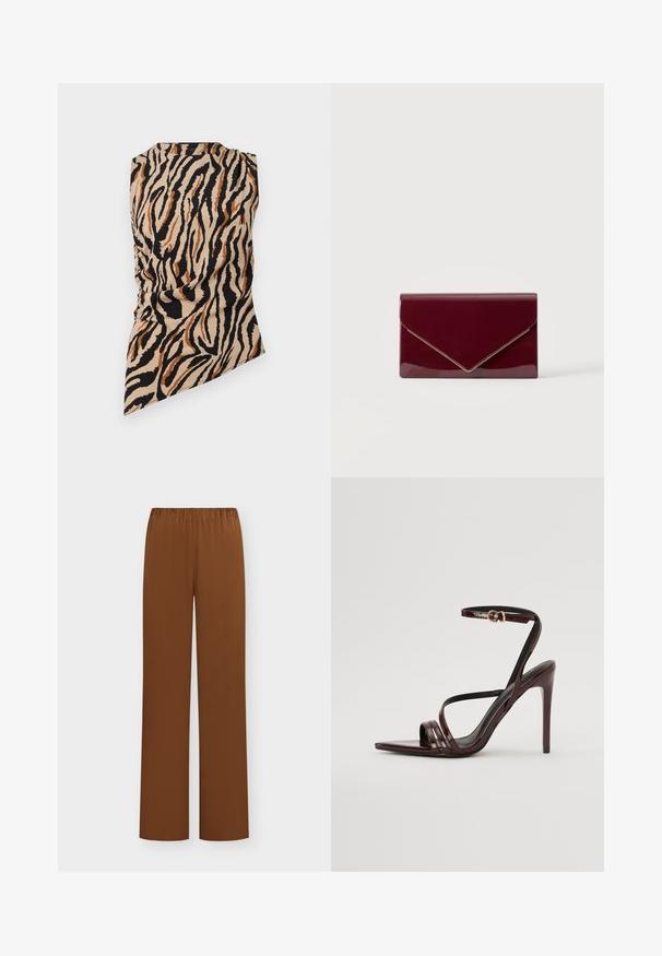 Haut sans manches avec ourlet asymétrique et imprimé rayures de tigre en beige, noir et marron sur fond uni.; Pantalon marron à coupe ample avec taille élastique et jambes droites, présenté sur un fond clair uni.; Sandale à talons hauts en cuir verni bourgogne avec une bride de cheville, bout pointu et trois bandes horizontales sur le pied. Détail de boucle dorée.; Pochette rouge foncé brillante de style enveloppe avec bordure dorée le long du bord du rabat sur un fond clair uni.