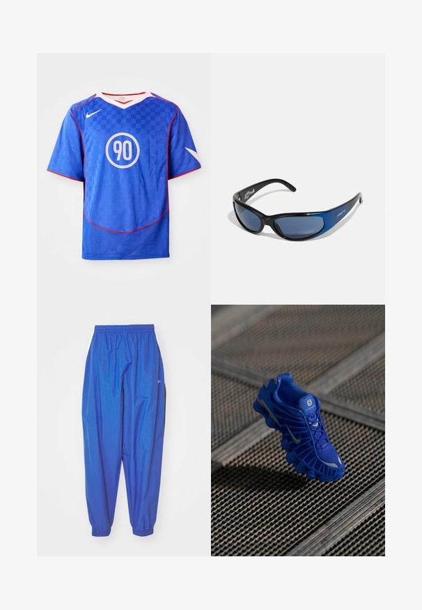 Camiseta de fútbol Nike azul con un patrón a cuadros, mangas cortas, diseño de cuello en V, acentos blancos y un gráfico circular central con el número "90".; Pantalones deportivos azules de tejido ligero, con cintura elástica, dobladillos ajustados y rayas blancas en los lados.; Zapatilla deportiva azul con parte superior de malla, diseño texturizado y suela prominente que presenta elementos de amortiguación distintos y acentos reflectantes.; Gafas de sol con montura de plástico negro y acentos azules, diseño envolvente, lentes oscuros, con brazos texturizados y detalle de logo.