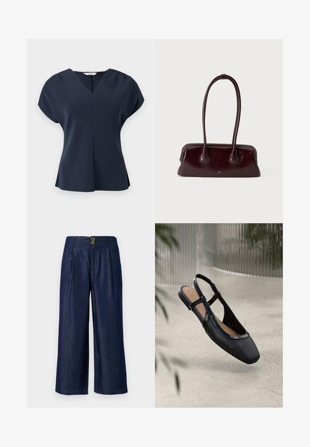 Blouse bleu marine à manches courtes avec encolure en V, épaules plissées et légère évasement à l'ourlet, présentée sur un fond blanc.; Pantalon en denim à jambes larges bleu foncé avec fermeture à deux boutons à l'avant, doté de plis, d'une texture lisse et d'un ourlet droit.; Chaussure plate slingback en cuir noir avec un orteil carré, dotée d'un fini verni brillant et de sangles ajustables pour un maintien sécurisé.; Sac à main en cuir brun foncé brillant avec de longues anses fines et une base rectangulaire structurée sur un fond clair uni.
