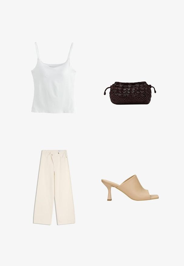 Débardeur en coton blanc avec des fines bretelles réglables et un col arrondi. Il présente une texture lisse et un ourlet droit sans embellissements.; Pantalon large couleur écru avec poches avant, passants pour ceinture, et boutons argentés sur la ceinture et les bords des poches.; Mules beige à bout ouvert avec une tige courbée, en cuir lisse, et un talon bloc de hauteur intermédiaire avec un accent de base contrastant.; Pochette tissée brun foncé avec texture tressée et fermeture à cordon des deux côtés sur fond blanc.