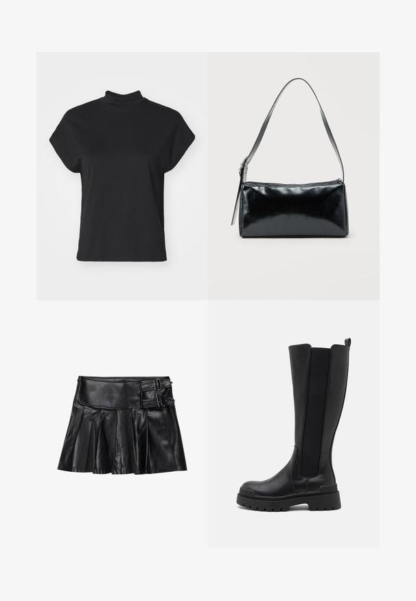 Schwarzes kurzärmliges T-Shirt mit hohem Ausschnitt, aus einem glatten Material gefertigt, mit entspannter Passform und geradem Saum.; Schwarze Lederrock mit Falten, breitem Bund und zwei Schnallenakzenten an der Seite. Glatte Textur mit glänzendem Finish.; Even&Odd by Zalando Plateaustiefel - black; Schwarze rechteckige Schultertasche mit einem verstellbaren Riemen und einem oberen Reißverschluss vor einfachem Hintergrund.