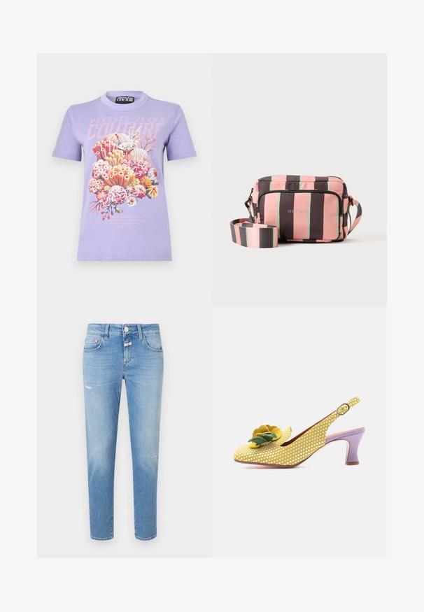 Fialové tričko s krátkym rukávom s nápisom "Versace Jeans Couture" a farebnou potlačou koralového útesu so mušľami a morskými rastlinami na prednej strane.; Svetlomodré denimové džínsy so slim fit strihom, s gombíkovým zapínaním, miernym opotrebením a tradičným dizajnom s piatimi vreckami.; Žltá slingback topánka s bodkami a kvetinovým zdobením na špičke, fialovým podpätkom a nastaviteľným remienkom s kovovou prackou.; Malá obdĺžniková crossbody taška so širokým nastaviteľným remienkom, s vertikálnymi pruhmi v ružovej, hnedej a tenkými zelenými čiarami.