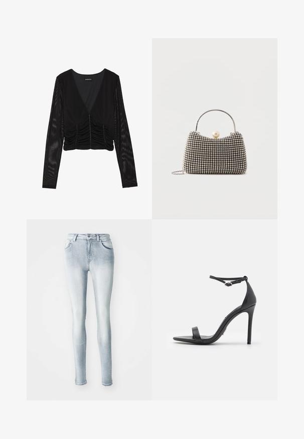 Sort langærmet top lavet af strækbart materiale; har en V-hals, en samlet frontpanel og gennemsigtige ærmer med en glat tekstur.; Lysblå skinny jeans lavet af denim, med høj talje, fem lommer og let fading langs lårene. Slidt kantdetalje.; Sorte højhælede sandaler med åben tå, tynde stropper og spænde om anklen. Glat lædertekstur med spidse tådesign.; Lille håndtaske med sølv gittermønster, buet håndtag, stor perle lukning og en tynd sølvkæde strop på en ensfarvet baggrund.