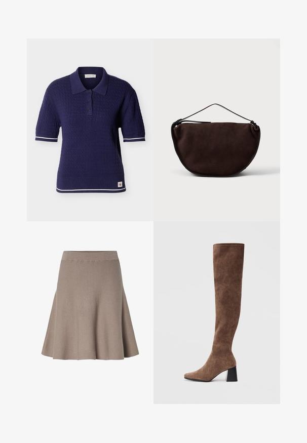 Mørkeblå kortærmet strikket polo med kabelmønster, tre-knaps stolpelukning, hvide striber på manchetter og kant, samt lille Calvin Klein logo-patch.; En udvidet nederdel lavet af blødt, tekstureret stof i taupe farve. Den har en elastisk talje og en glat overflade.; Brune støvler over knæet lavet af blødt ruskind med spids tå og en kraftig sort hæl. Designet har sømløs syning for et elegant udseende.; Brun suedetasker med en halvcirkelform, udstyret med en tynd sort rem og en lynlåslukning i toppen. Ingen fremtrædende logo synligt.