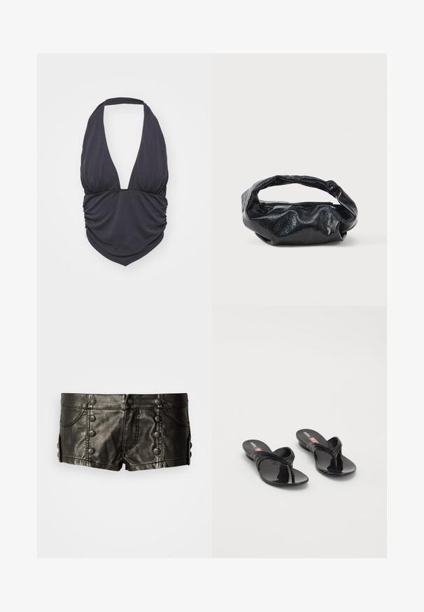 Sort halterneck-top med dyb V-udskæring, samlet stof ved taljen og glat, strækbart materiale. Egenskaber et klassisk design.; Sorte lavtaljede lædershorts med dekorative metalknapper foran og på siderne, med forlommer og syningsdetaljer.; Melissa QUANTUM THONG X DIESEL - Sandaler m/ tåsplit - black; Sort taske lavet af blankt, tekstureret materiale med et cirkulært, snoet håndtag og lynlås. Har et blødt, rynket design.