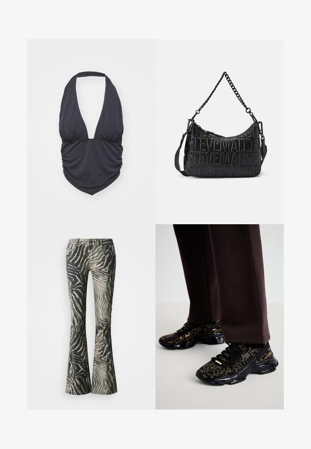 Sort halterneck-top med dyb V-udskæring, samlet stof ved taljen og glat, strækbart materiale. Egenskaber et klassisk design.; Bredde jeans i et sort og beige zebra mønster, fremstillet af denim materiale, med fem-lomme design og synlige syninger.; Sorte sneakers med guldprikker, struktureret overflade og en kraftig sort sål. Parret med brune sweatpants, der viser et tætsiddende design.; Sort håndtaske lavet af tekstureret læder, med et præget logo-design, enkelt kæde og aftagelig rem, samt lynlås-lukning.