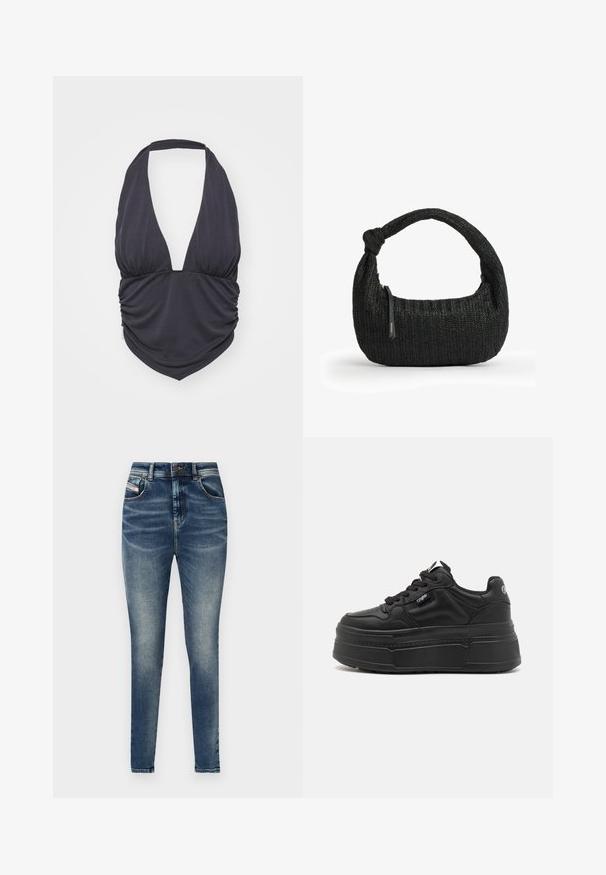 Top negro estilo halter con un escote profundo en V, tela fruncida en la cintura y textura suave y elástica. Presenta un diseño clásico.; Jeans de mezclilla azul oscuro con cintura alta, corte ajustado, cinco bolsillos y un lavado desvanecido con costuras en contraste y cierre de botón metálico.; Zapatillas de plataforma negras con un upper de cuero suave, puntera redonda, cierre con cordones en la parte delantera y suela de goma texturizada con acentos geométricos.; Bolso de tela negra tejida con un asa corta anudada en un extremo y un pequeño tirador de cremallera en el lateral.