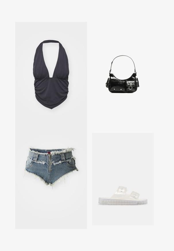 Sort halterneck-top med dyb V-udskæring, samlet stof ved taljen og glat, strækbart materiale. Egenskaber et klassisk design.; Jeansshorts med frynset kant, høj talje, lynlås foran og to forlommer. Materialet er en falmet blå denim med slidte detaljer.; Gennemsigtig plastik glide-sandal med to justerbare spænder og en klar rillen sål, vist i profil på hvid baggrund.; Sort patenteret læder håndtaske med en buet form, en skulderrem, frontlommer og hardware accenter i sølvfarve.