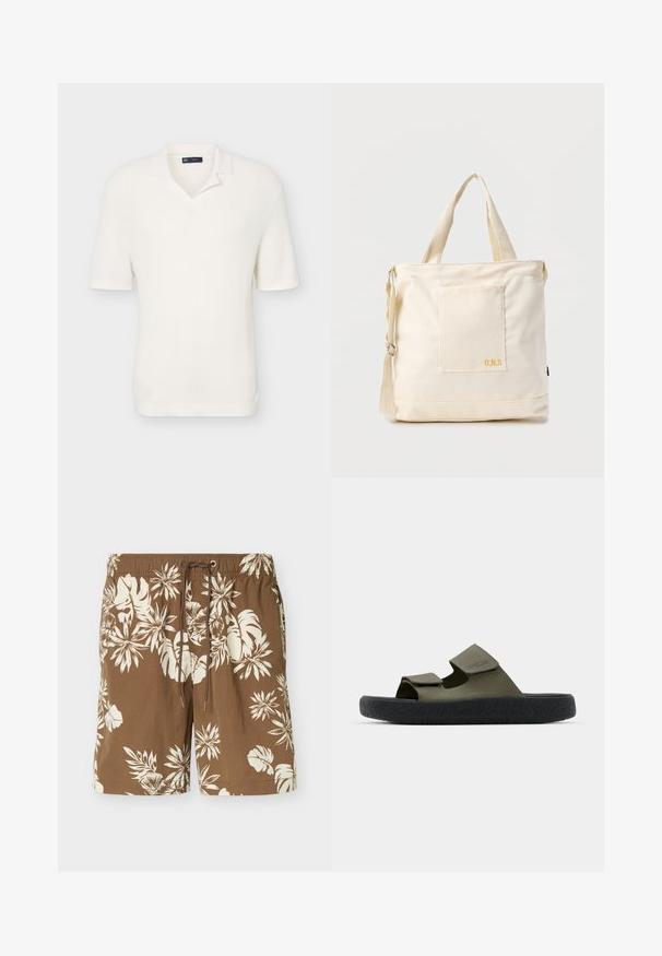 Hvid kortærmet strikket polo med blød krave og ribbet tekstur, vist mod en ensfarvet lys baggrund.; Brune badeshorts med hvidt tropisk blomsterprint og justerbar snøre i taljen.; Grønne gummisandaler med to justerbare remme og en tekstureret sort sål med et dækmønster. Brandlogo synligt på remmen.; Kremfarvet lærredstote-taske med frontlomme, to håndtag, justerbar skulderrem og lille gul "O.N.S" tekst i nederste højre hjørne af lommen.
