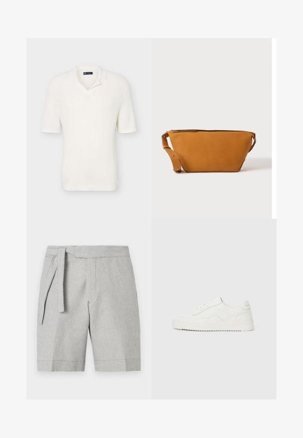 Polo blanc en maille à manches courtes, avec un col souple et une texture côtelée, présenté sur un fond clair uni.; Shorts gris clair et blancs à fines rayures, avec ceinture à nouer à la taille et poches avant sur fond uni.; Baskets basses en cuir blanc avec fermeture à lacets, languette de talon texturée et semelle en caoutchouc blanc légèrement rainurée sur un fond clair uni.; Sac bandoulière en cuir marron clair avec sangle réglable et fermeture éclair, présenté sur un fond clair uni.