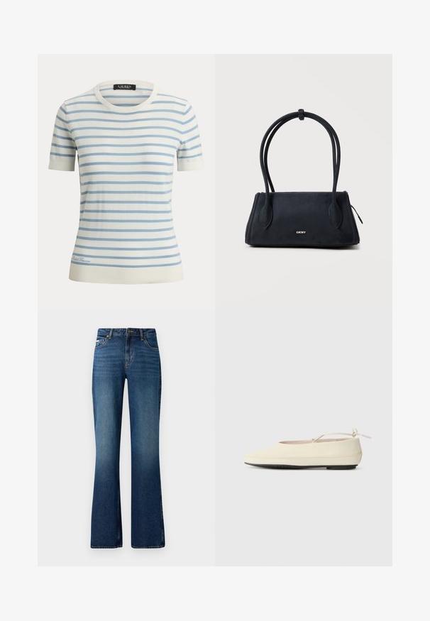 Hvid strikket top med korte ærmer og lyseblå vandrette striber samt rund halsudskæring, med et lille broderet logo nær kanten.; Flare jeans i en medium blå vask, med et klassisk fem-lomme design, knaplukning og en let slidt tekstur.; Cremefarvede flade sko med rund tå, ankelrem og kontrasterende sort gummisål. Glat materiale med minimal detaljer.; Sort DKNY håndtaske med dobbelte rundede håndtag og et lille metal logo foran, sat mod en ensartet lys baggrund.