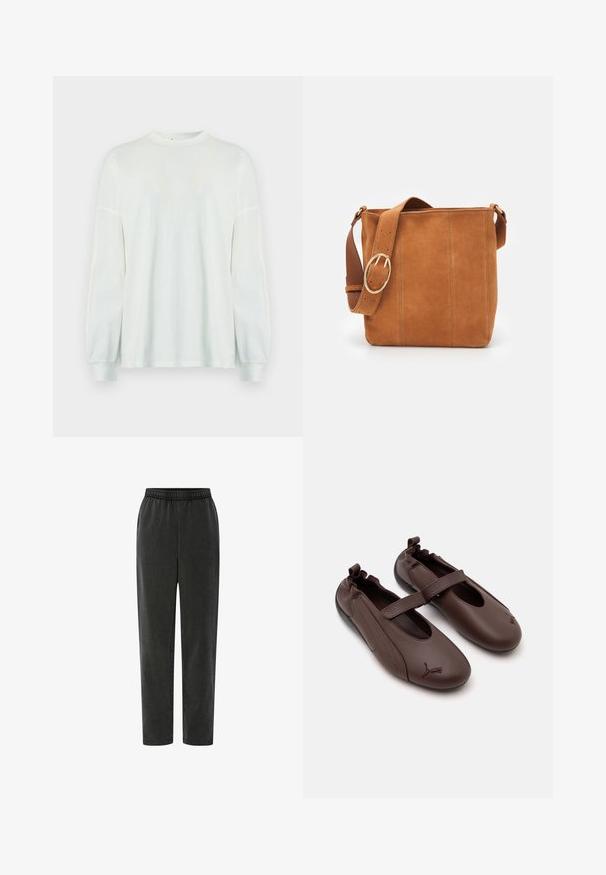 Camisa blanca de manga larga hecha de tela ligera. Cuenta con un escote redondo y mangas fruncidas para un ajuste relajado. Diseño sencillo.; Pantalones negros ajustados con cintura elástica, hechos de una tela suave, con costuras laterales y una textura lisa. Sin patrones o acentos visibles.; Zapatos de piel marrón estilo Mary Jane con parte trasera elástica, una correa sobre el empeine y el logo de Puma en las punteras redondeadas.; Bolso de ante color camel con forma rectangular y plana, que cuenta con una amplia correa de cuero y una gran hebilla de metal circular.